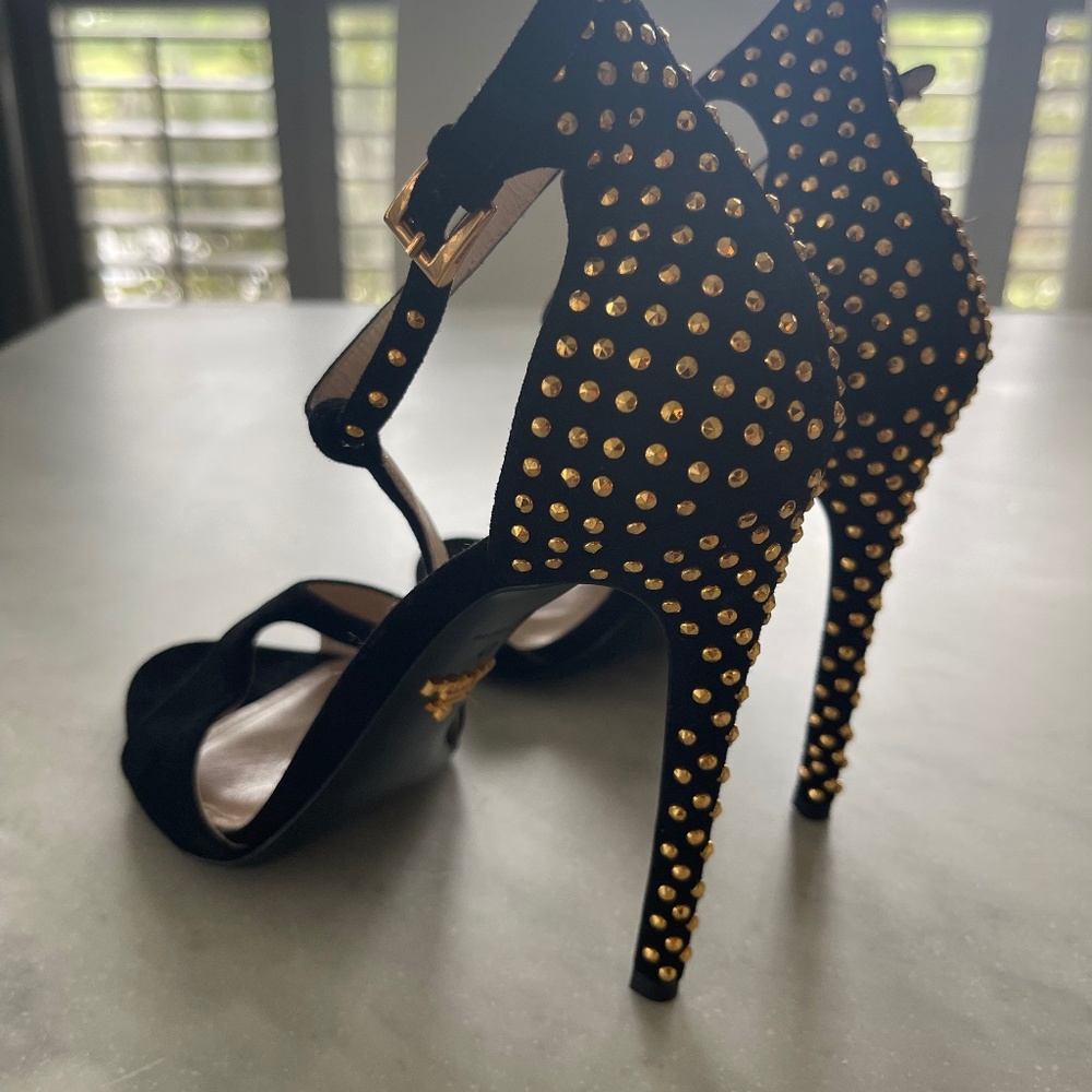 PRADA T Strap Gold Stud Heels